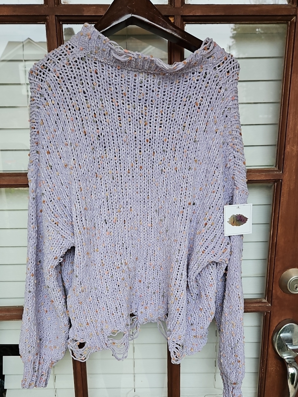 NWT! POL Confetti Distressed Lavender Open-Knit Distressed Turtleneck Sweater - Picture 7 of 7